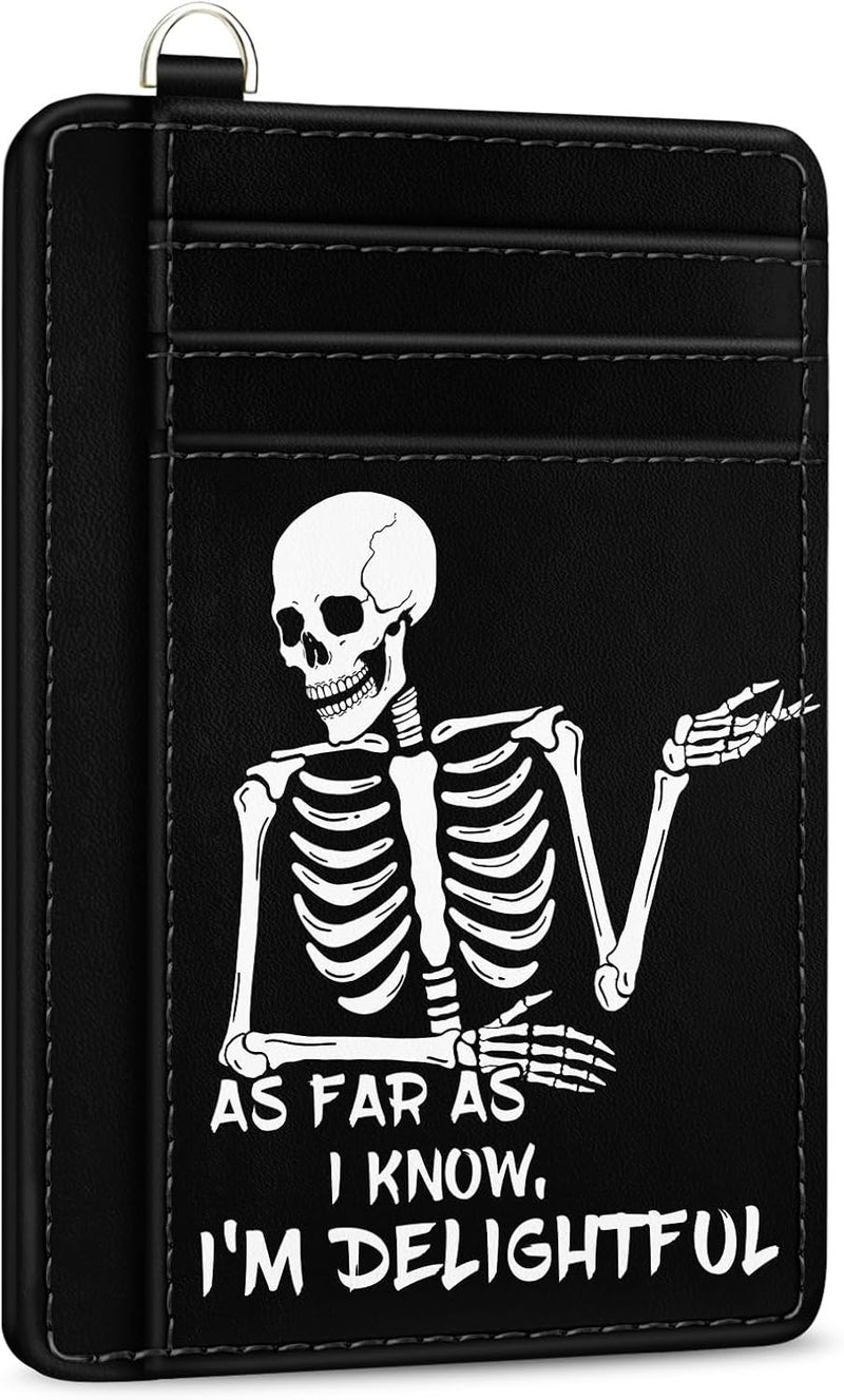 Yonlevres Skeleton Skull Credit Card Holder Slim Wallet, Funny Gothic RFID Wallet Women Front Pocket Small Card Holder, Goth Halloween Card Case ID Window PU Leather RFID Blocking Card Organizer Gifts - Image 1